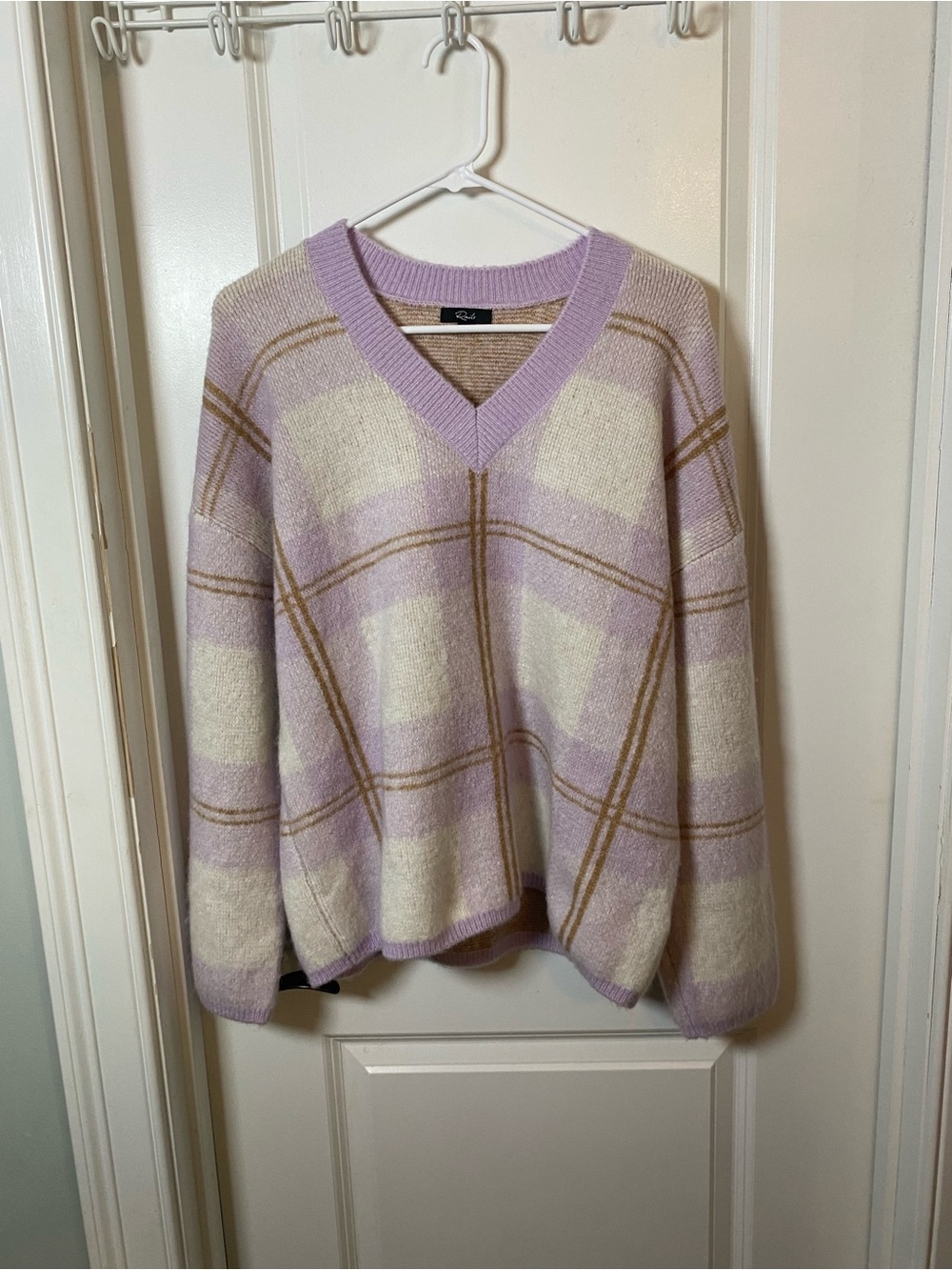 Rails Lavender and Cream Plaid V-Neck Sweater with Tan Accents
